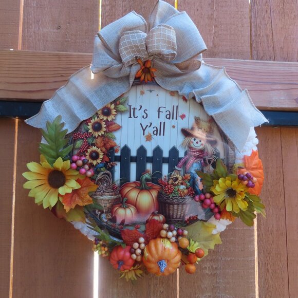 Wreath Sign It's Fall Y'all Yarn wrapped, Big Bow Autumn Decor 14” - Picture 6 of 7